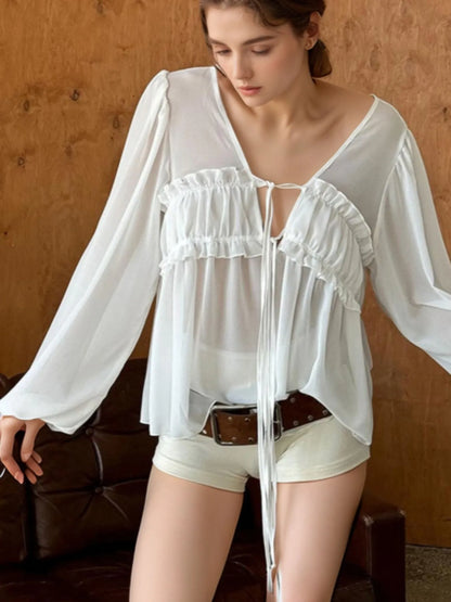 Ruffled Tie Front Long Sleeve Blouse White