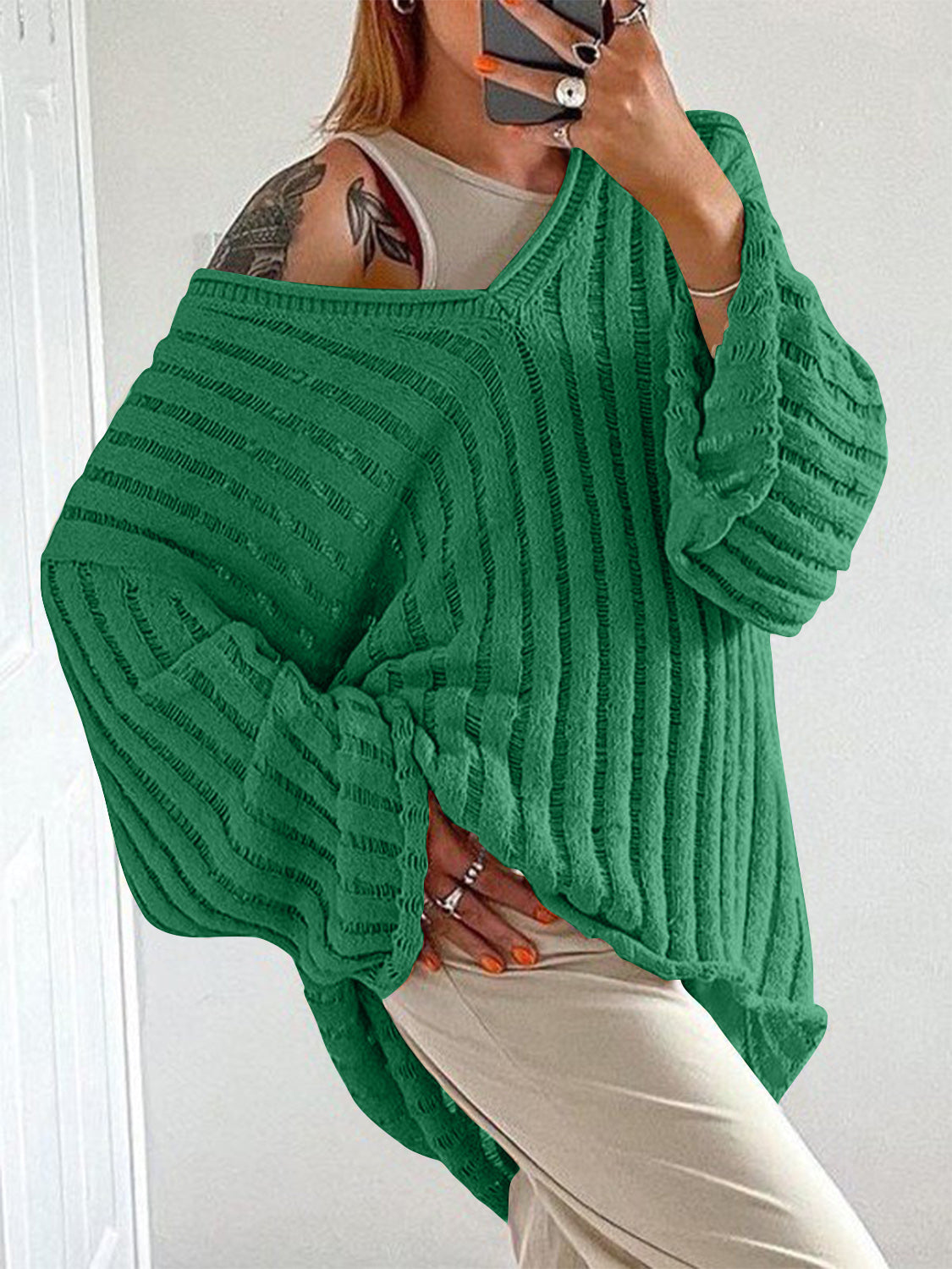 V-Neck Long Sleeve Sweater Green