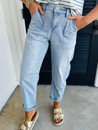 High Rise Barrel Relaxed Patch Pocket Jeans Beau Blue