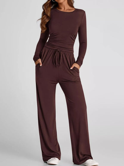 Full Size Casual Long Sleeve Top and Pants Set Plus Size Brown