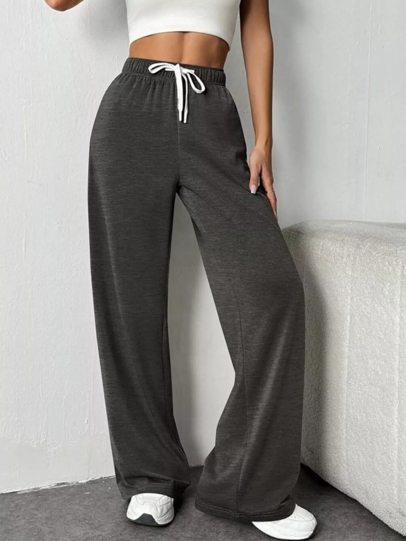 Drawstring Wide Leg Pants Dark Gray
