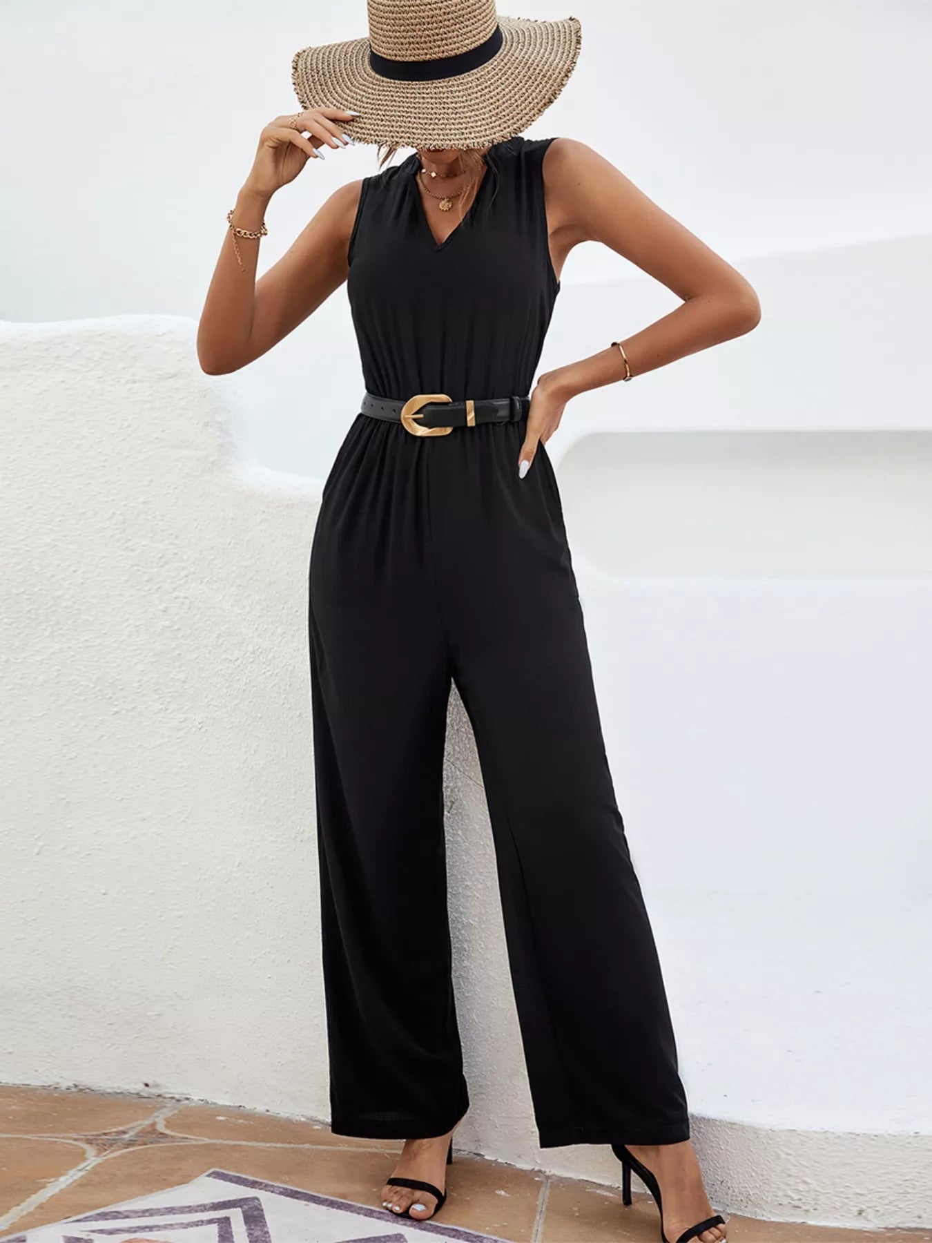 Sleeveless V-Neck Wide Leg Jumpsuit