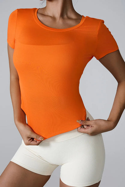 Cutout Round Neck Short Sleeve Active T-Shirt Orange