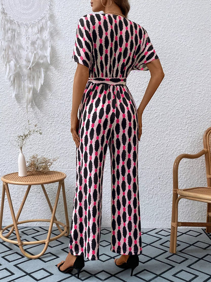 Printed Surplice Tie Waist Short Sleeve Jumpsuit