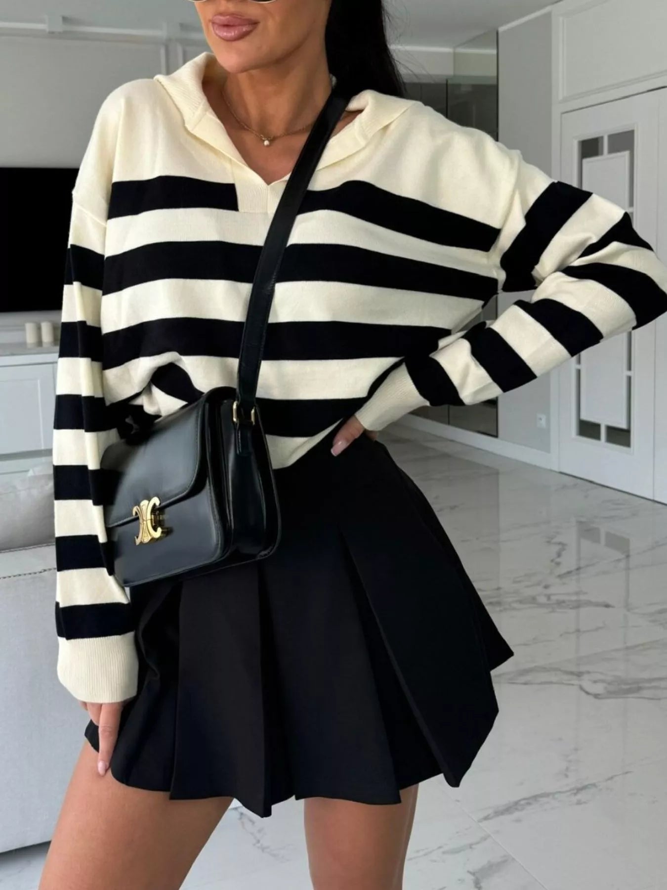 Striped Dropped Shoulder Knit Top Apricot