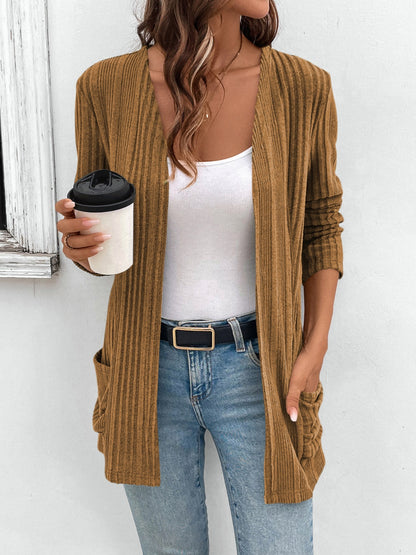 Pocketed Open Front Long Sleeve Cardigan Caramel