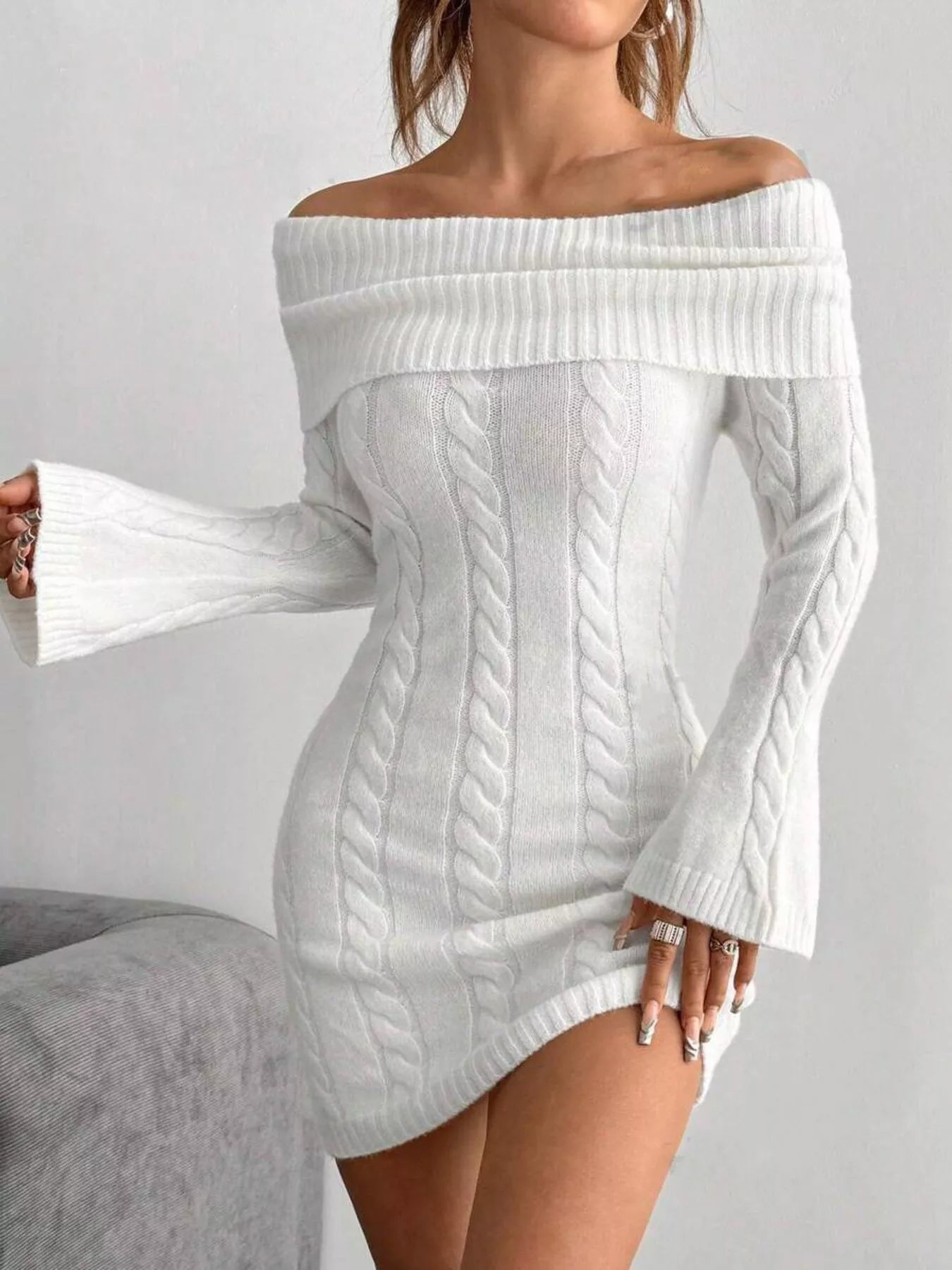 Off-Shoulder Cable Knit Bodycon Sweater Dress
