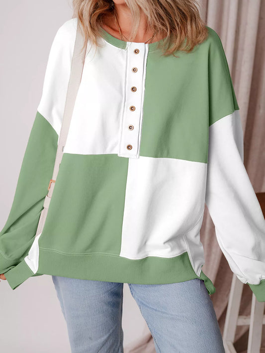 Colorblock Henley High Low Oversize Sweatshirt Sage