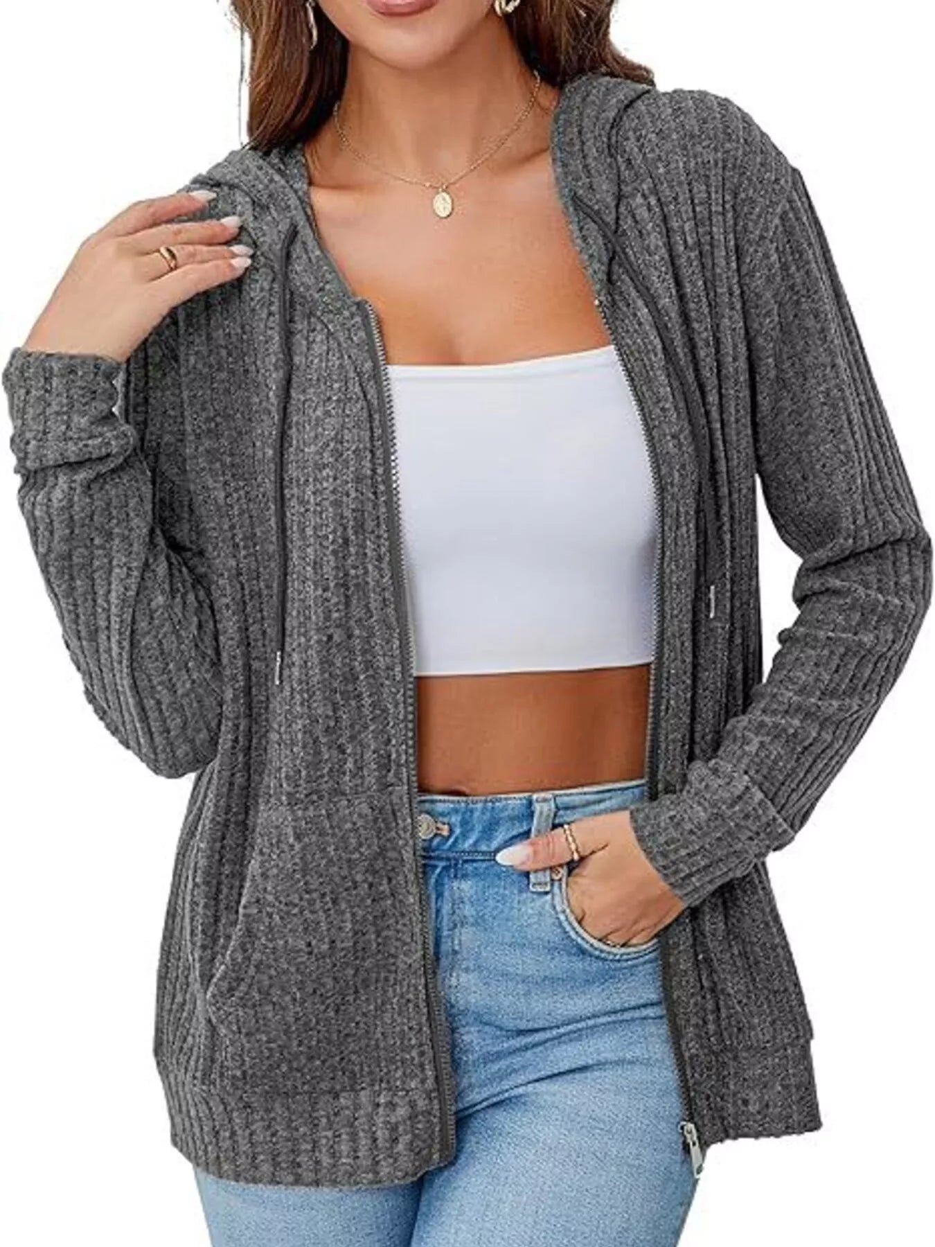 Ribbed Zip Up Hooded Outerwear Dark Gray