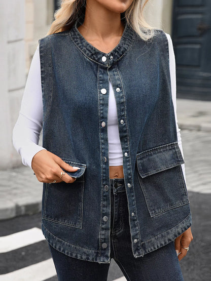Snap Down Sleeveless Denim Jacket Blue