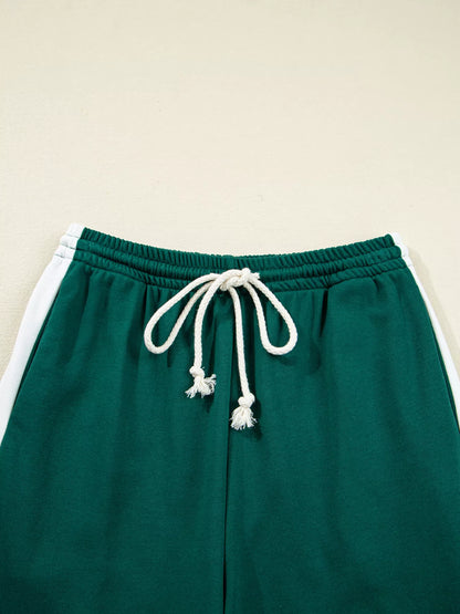 Round Neck Top and Stripe Detail Drawstring Pants Set