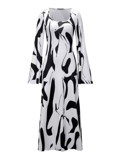 Abstract Print Long Sleeve Maxi Dress