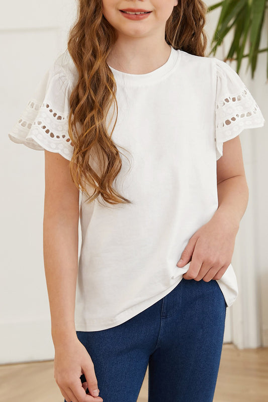 Round Neck Flutter Sleeve T-Shirt White