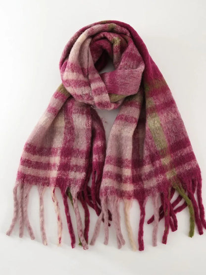 Fringe Plaid Polyester Scarf Cerise One Size