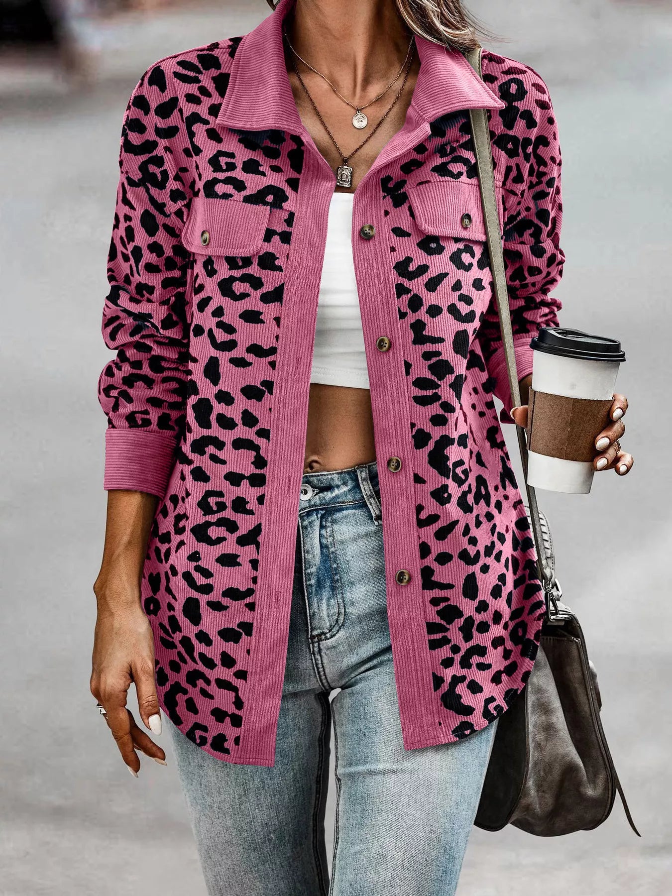 Full Size Leopard Print Button-Down Jacket Plus Size Rose Red