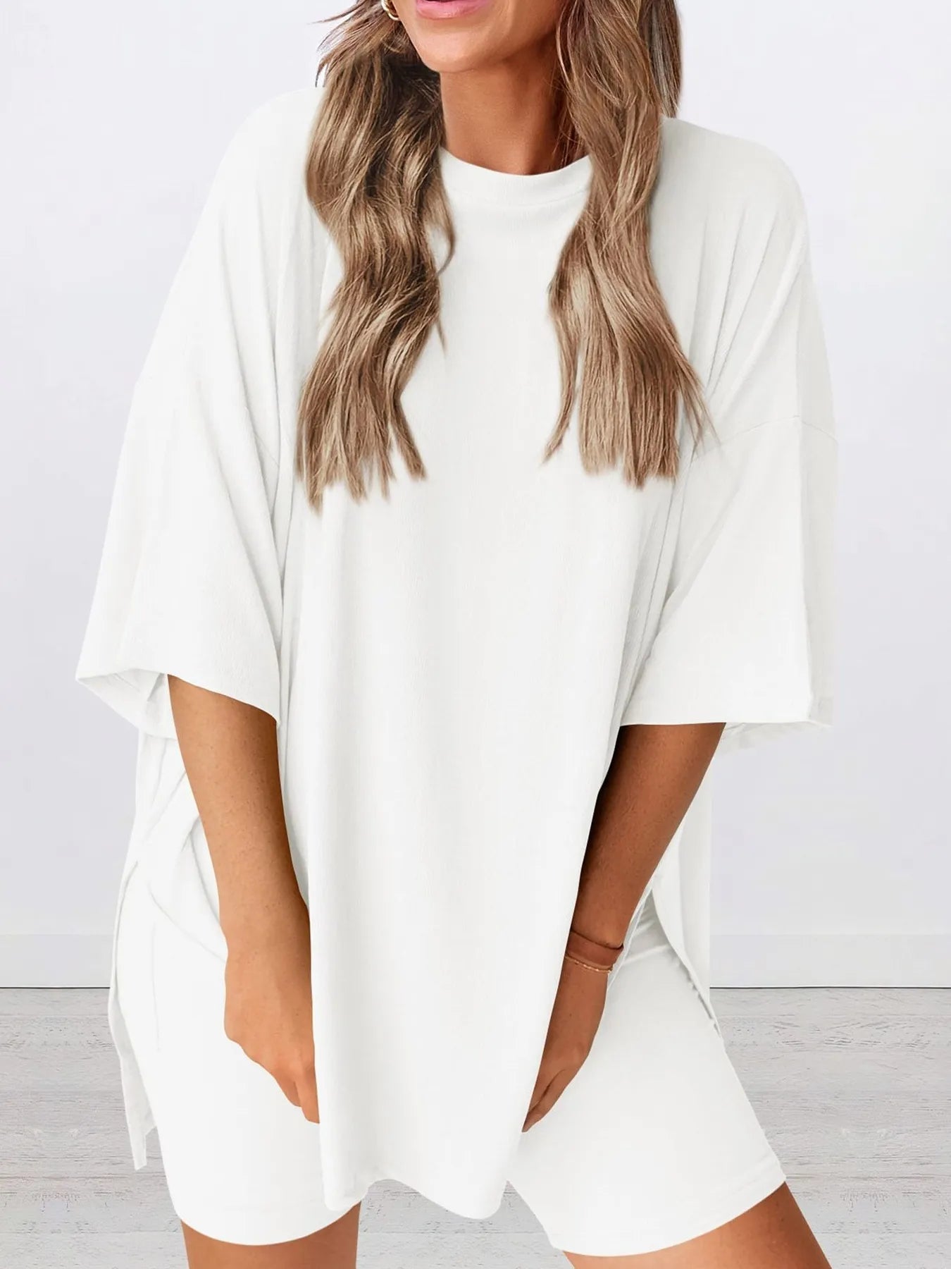 Full Size Oversized Slit Round Neck Top and Shorts Lounge Set Plus Size White