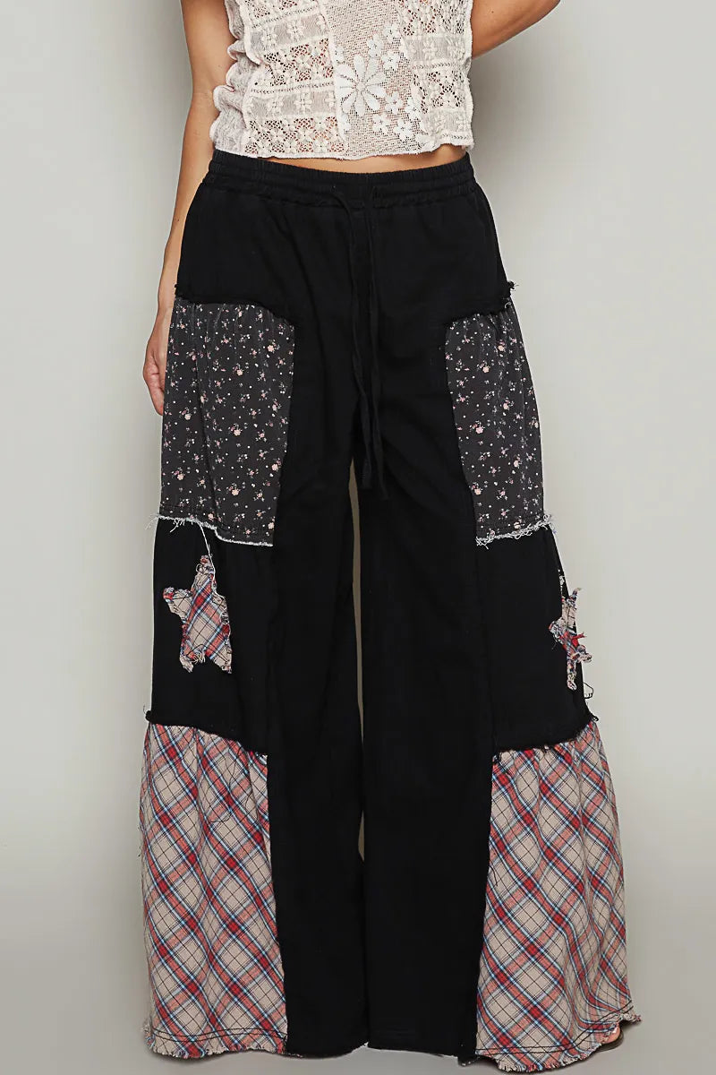 POL Drawstring Star Patch Contrast Wide Leg Pants Black