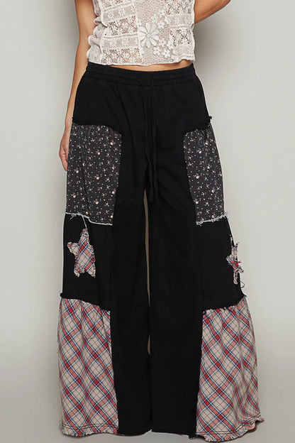 POL Drawstring Star Patch Contrast Wide Leg Pants Black