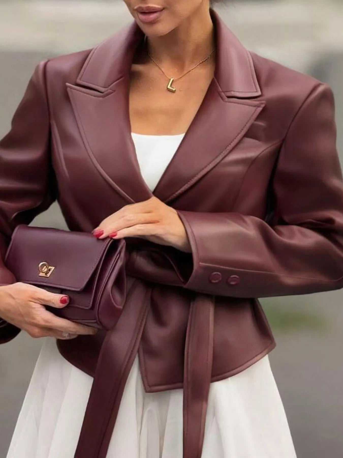 Belted Faux Leather Blazer Burgundy