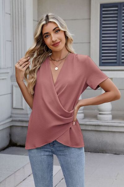 Solid Color Surplice Short Sleeve Blouse