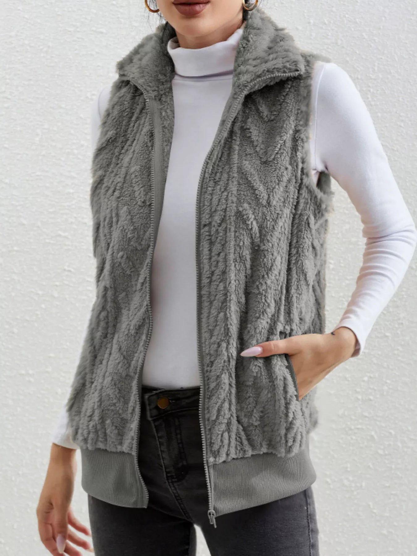 Full Size Cozy Faux Fur Zip-Up Vest Coat Plus Size Dark Gray