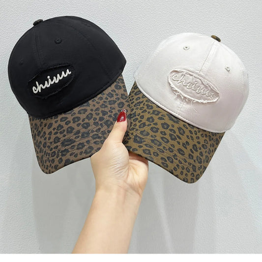 Leopard Print Baseball Cap with Embroidered Letter Beige One Size