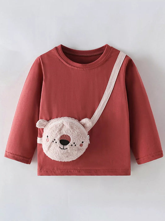 Children's Cute Bear Bag Long Sleeve T-Shirt Burgundy