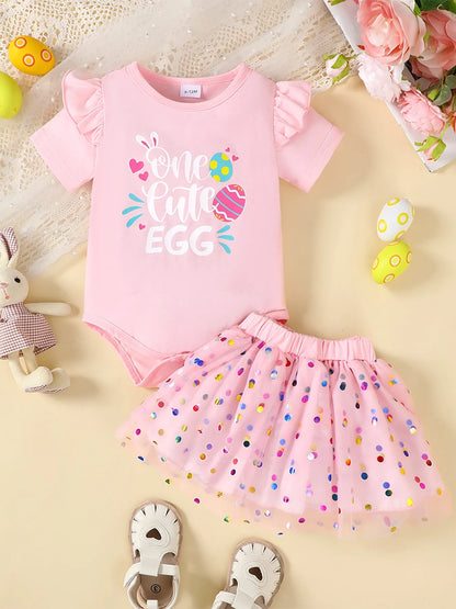 Children's Ruffled Graphic Bodysuit and Skirt Set Blush Pink