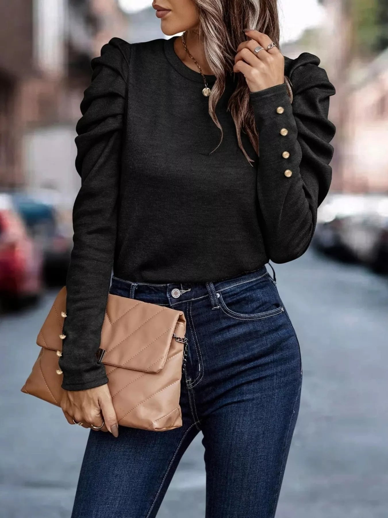 Puff Sleeve Round Neck T-Shirt Black