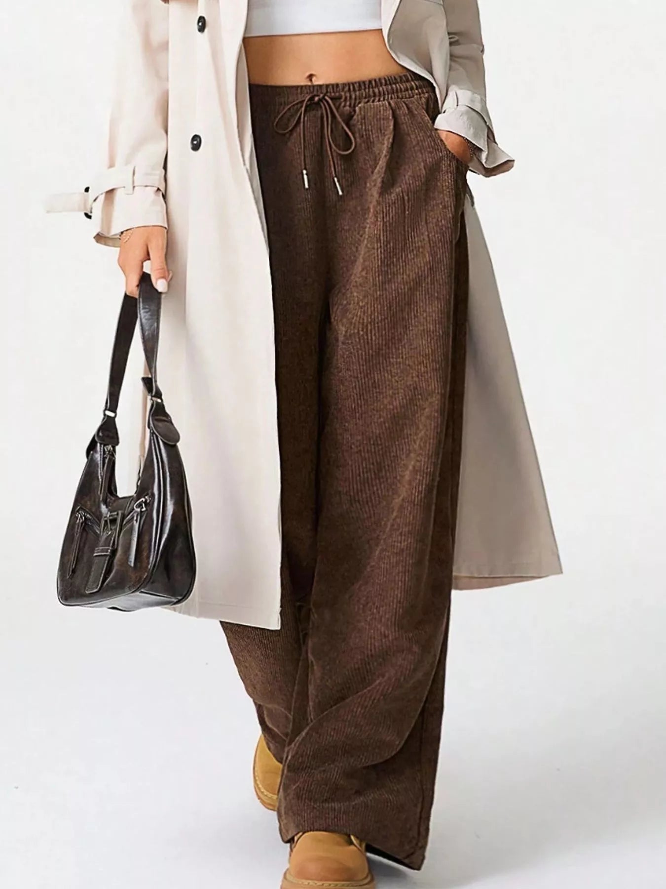 Wide Leg Corduroy Drawstring Pants Brown
