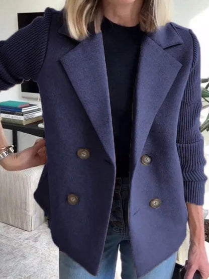 Full Size Knit Sleeve Double-Breasted Outerwear Plus Size Dark Blue