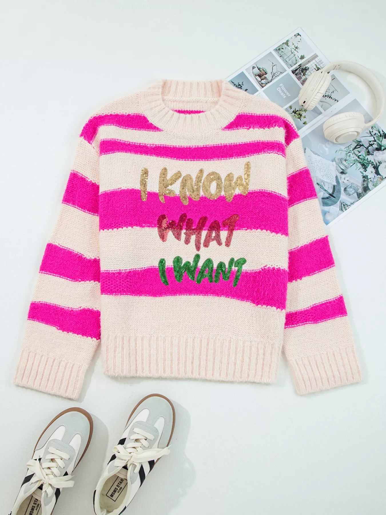 Sequin Letter Graphic Colorblock Loose Sweater