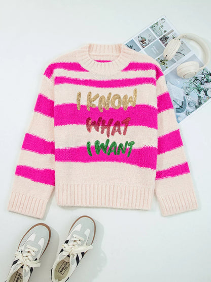 Sequin Letter Graphic Colorblock Loose Sweater