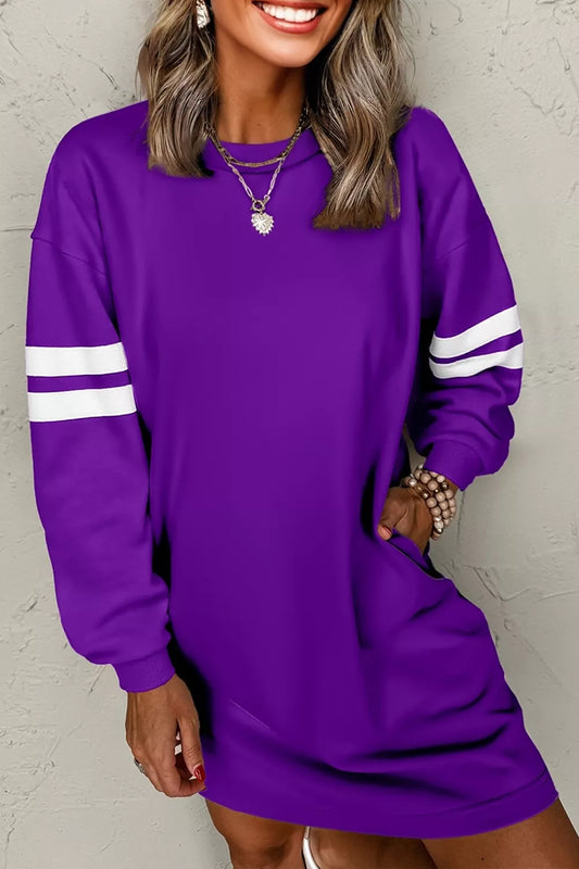 Stripe Long Sleeve Casual Sweatshirt Dress Violet
