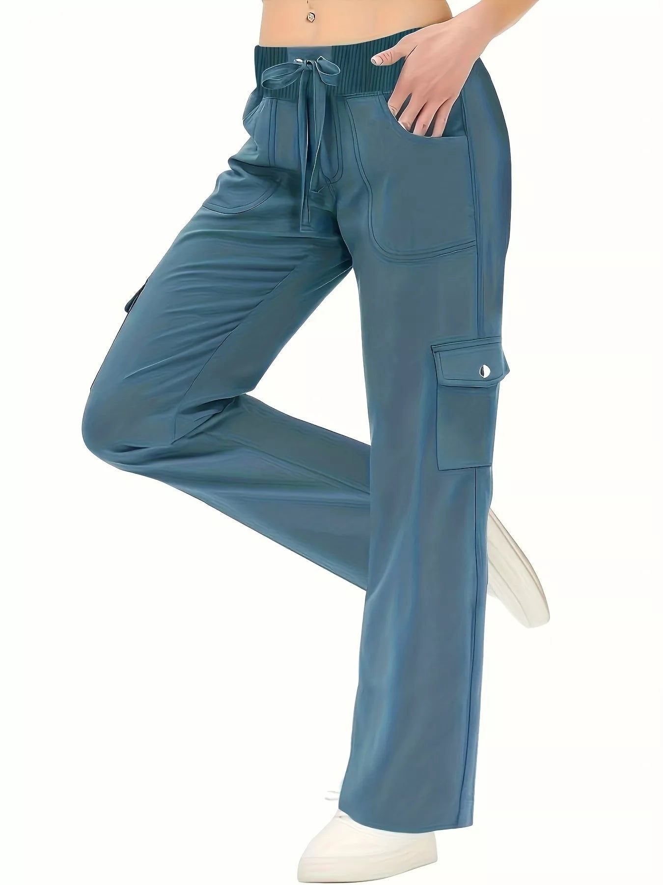 Relaxed Fit Active Pants with Drawstring Waist Sea Blue