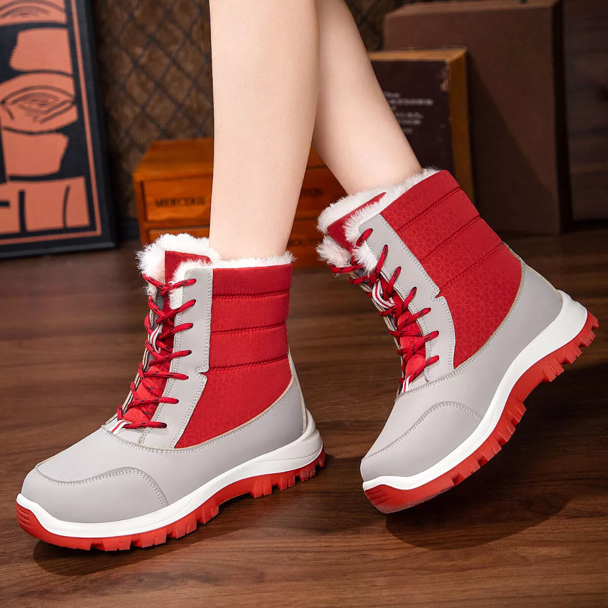 Winter Waterproof Snow Boots with Warm Fur Lining Red