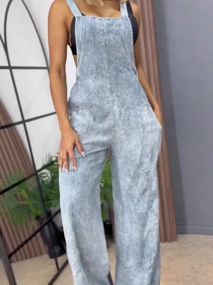 Full Size Wide Leg Washed Denim Overalls Plus Size Blue