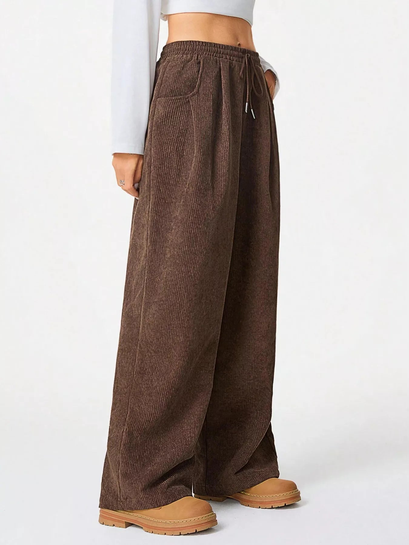 Relaxed Fit Corduroy Pants with Drawstring Brown