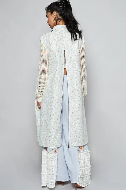 POL Printed Lace Longline Shacket with Back Open Zipper