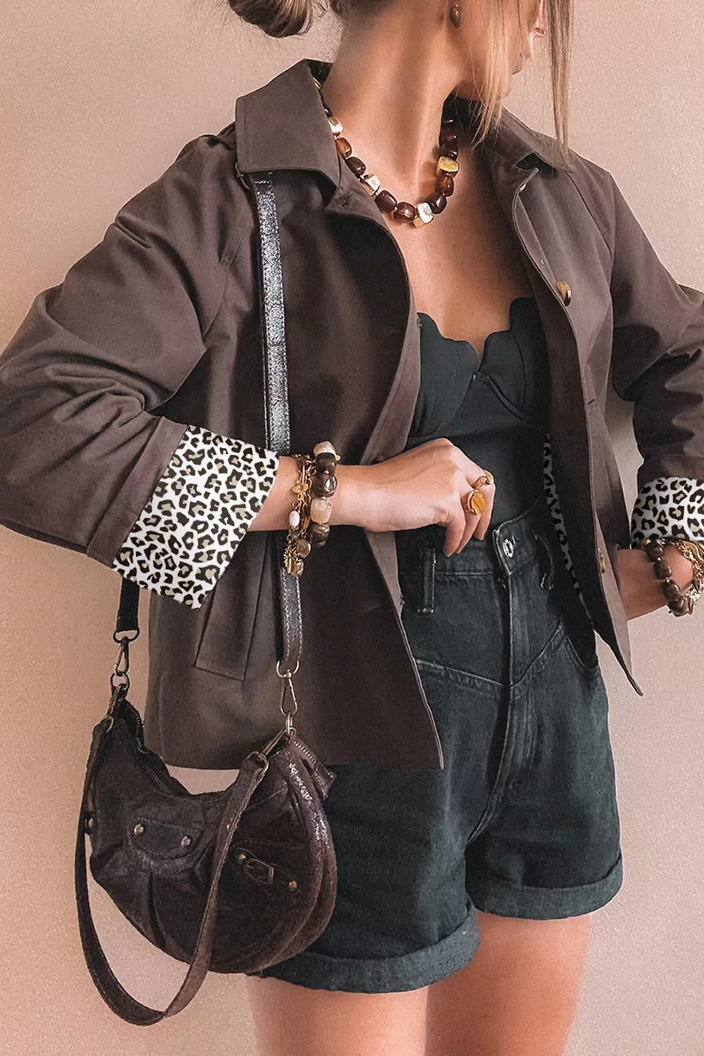 Button Up Raglan Sleeve Shacket Coffee Brown