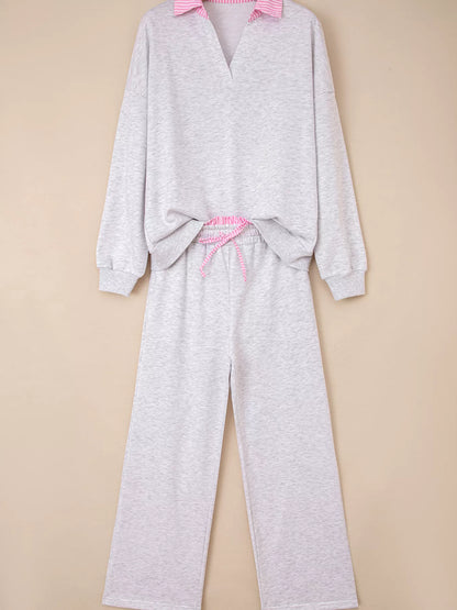 Contrasted Trim Frilled Collar Drop Shoulder Top and Drawstring Pant Set