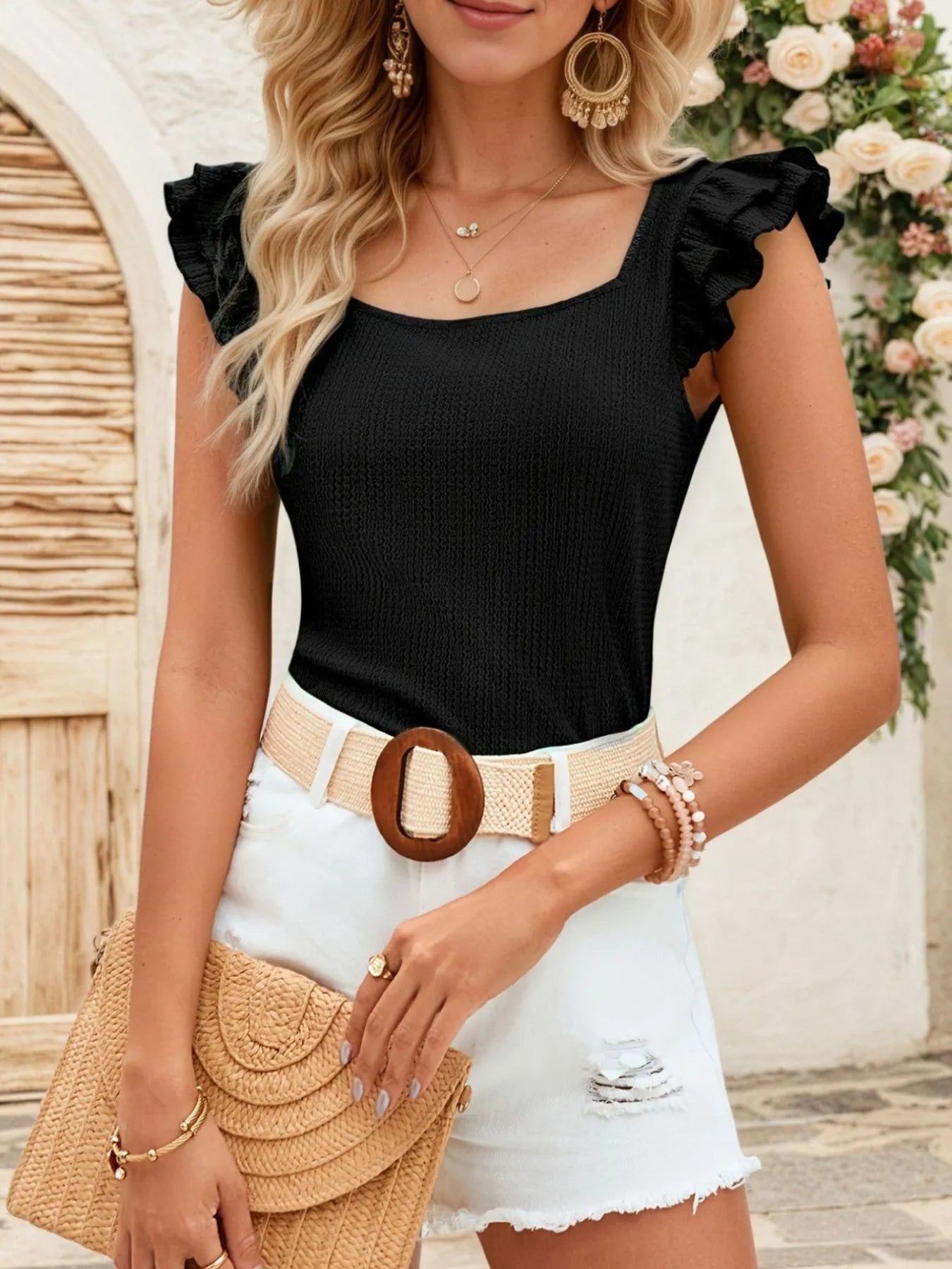 Square Neck Ruffled Cap Sleeve Top Black