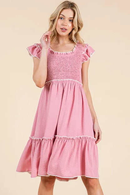 Lime 'N' Chili Ruffle Trim Smocked Dress with Contrast