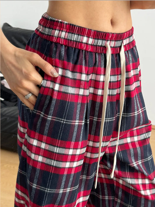 Drawstring Plaid Pants Red