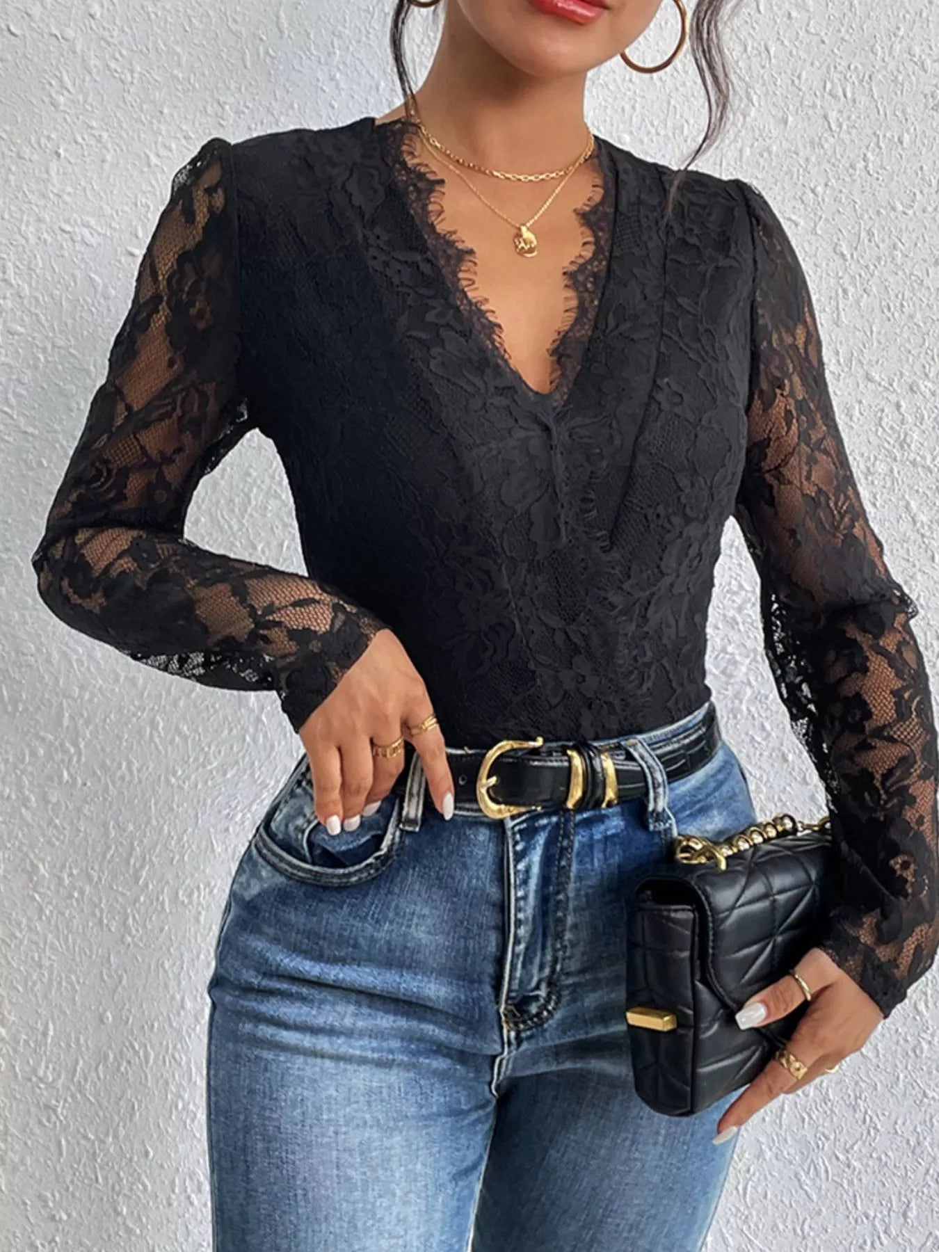 Lace V-Neck Long Sleeve Bodysuit Black