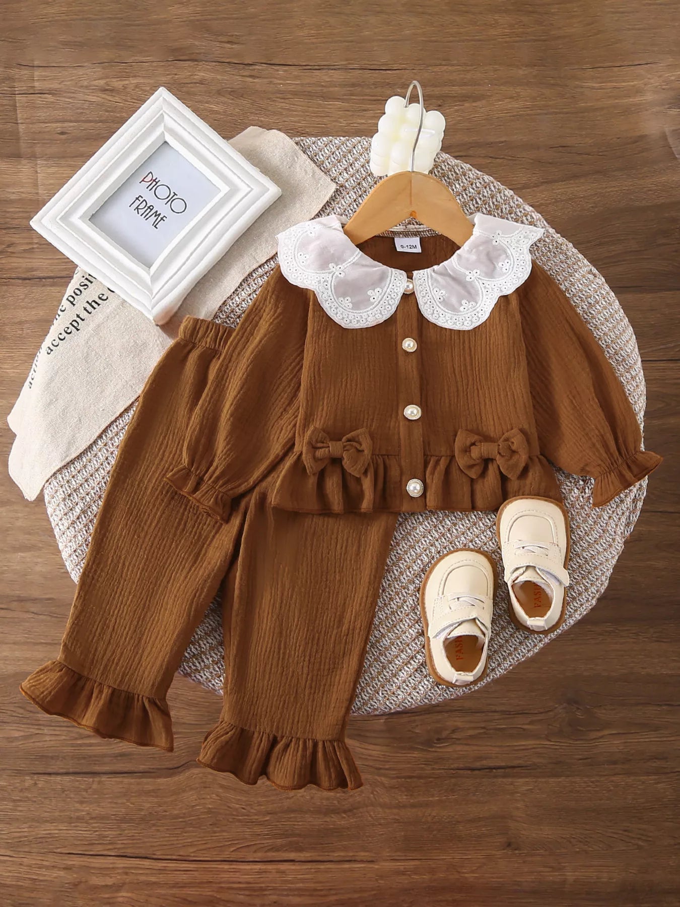 Children's Ruffle Trim Bow Decor Baby Set Brown