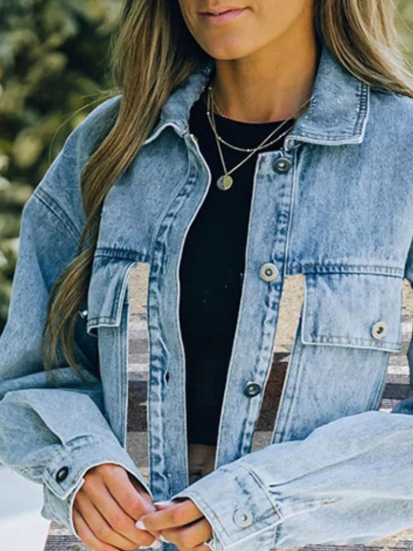 Printed Botton Down Long Sleeve Denim Jacket