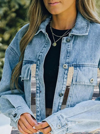 Printed Botton Down Long Sleeve Denim Jacket