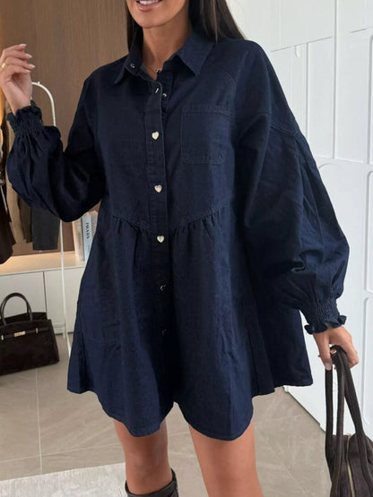 Button Down Mini Denim Dress with Front Pockets Dark Blue