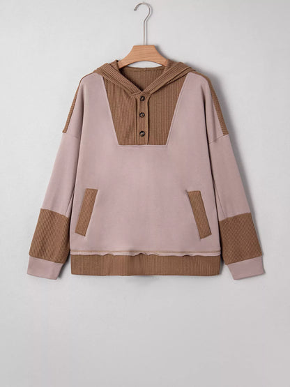 Oversize Waffle Patchwork Exposed Seam Casual Hoodie